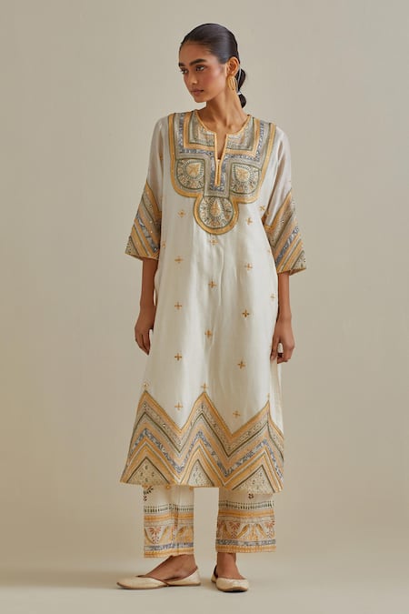 Shop Kora Yellow Cotton, Chanderi Embroidery, Braids Patchwork Straight Kurta Set Online at Aza Fashions Shop_Kora_Yellow Cotton, Chanderi Embroidery, Braids Patchwork Straight Kurta Set _Online_at_Aza_Fashions