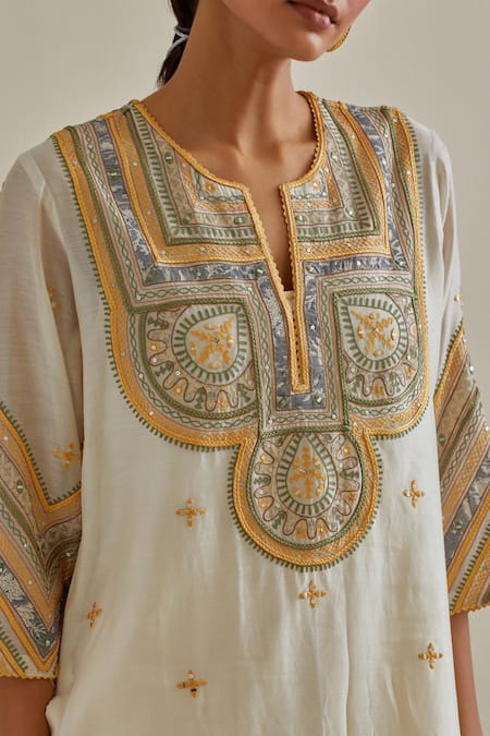 Kora Yellow Cotton, Chanderi Embroidery, Braids Patchwork Straight Kurta Set at Aza Fashions Kora_Yellow Cotton, Chanderi Embroidery, Braids Patchwork Straight Kurta Set _at_Aza_Fashions