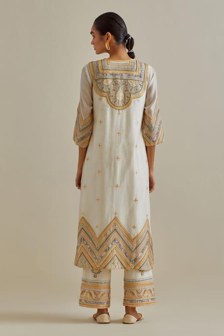 Shop Kora Yellow Cotton, Chanderi Embroidery, Braids Patchwork Straight Kurta Set at Aza Fashions Shop_Kora_Yellow Cotton, Chanderi Embroidery, Braids Patchwork Straight Kurta Set _at_Aza_Fashions