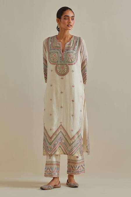 Buy Kora Pink Cotton, Chanderi Mirrors, Sequins, Braids Patchwork Straight Kurta Set Online at Aza Fashions Buy_Kora_Pink Cotton, Chanderi Mirrors, Sequins, Braids Patchwork Straight Kurta Set _Online_at_Aza_Fashions