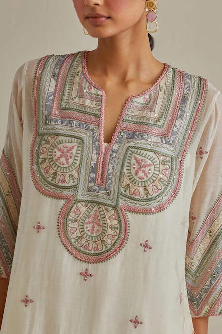 Shop Kora Pink Cotton, Chanderi Mirrors, Sequins, Braids Patchwork Straight Kurta Set Online at Aza Fashions Shop_Kora_Pink Cotton, Chanderi Mirrors, Sequins, Braids Patchwork Straight Kurta Set _Online_at_Aza_Fashions