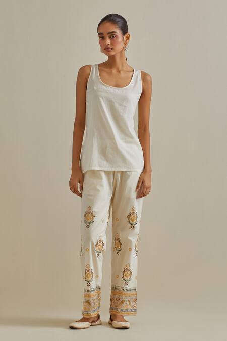 Kora Yellow Cotton, Chanderi Mirrors, Patchwork Embroidered Short Top And Pant Set Online at Aza Fashions Kora_Yellow Cotton, Chanderi Mirrors, Patchwork Embroidered Short Top And Pant Set _Online_at_Aza_Fashions