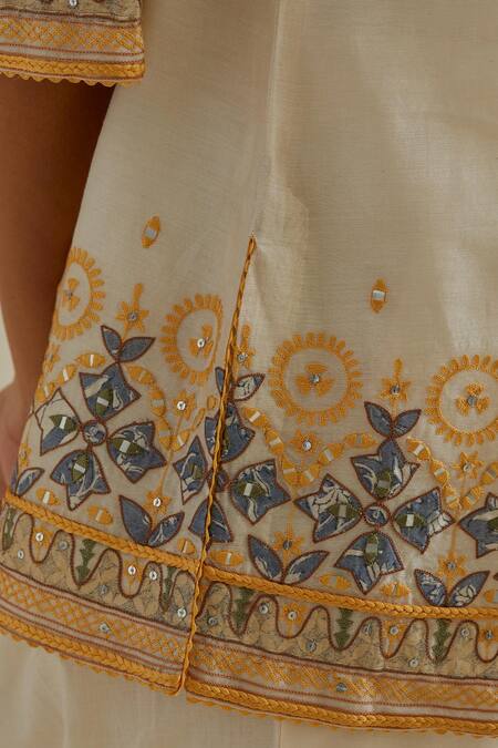 Kora Yellow Cotton, Chanderi Mirrors, Patchwork Embroidered Short Top And Pant Set at Aza Fashions Kora_Yellow Cotton, Chanderi Mirrors, Patchwork Embroidered Short Top And Pant Set _at_Aza_Fashions