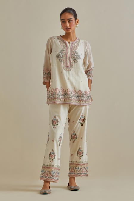 KORA Pink Top Cotton Chanderi Embroidered Silk Patchwork Short And Pant Set 