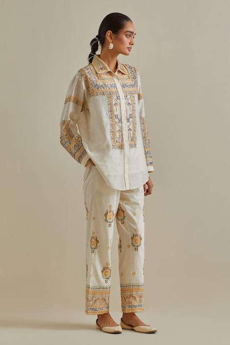 Shop Kora Yellow Cotton, Chanderi Embroidery, Sequins, Mirrors Patchwork Shirt And Pant Set Online at Aza Fashions Shop_Kora_Yellow Cotton, Chanderi Embroidery, Sequins, Mirrors Patchwork Shirt And Pant Set _Online_at_Aza_Fashions