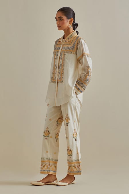 Kora Yellow Cotton, Chanderi Embroidery, Sequins, Mirrors Patchwork Shirt And Pant Set at Aza Fashions Kora_Yellow Cotton, Chanderi Embroidery, Sequins, Mirrors Patchwork Shirt And Pant Set _at_Aza_Fashions