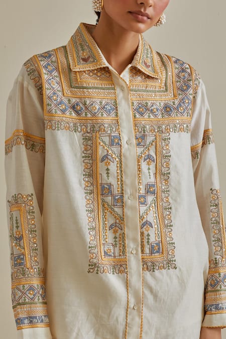 Buy Kora Yellow Cotton, Chanderi Embroidery, Sequins, Mirrors Patchwork Shirt And Pant Set Buy_Kora_Yellow Cotton, Chanderi Embroidery, Sequins, Mirrors Patchwork Shirt And Pant Set