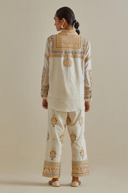 Shop Kora Yellow Cotton, Chanderi Embroidery, Sequins, Mirrors Patchwork Shirt And Pant Set at Aza Fashions Shop_Kora_Yellow Cotton, Chanderi Embroidery, Sequins, Mirrors Patchwork Shirt And Pant Set _at_Aza_Fashions