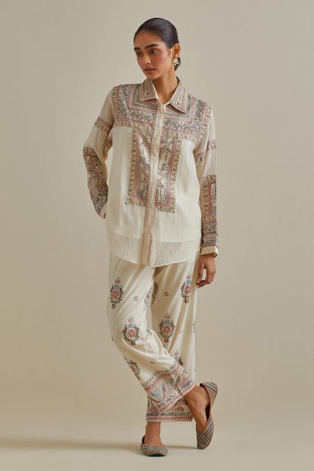 KORA Pink Shirt Cotton Chanderi Embroidered Silk Patchwork And Pant Set 