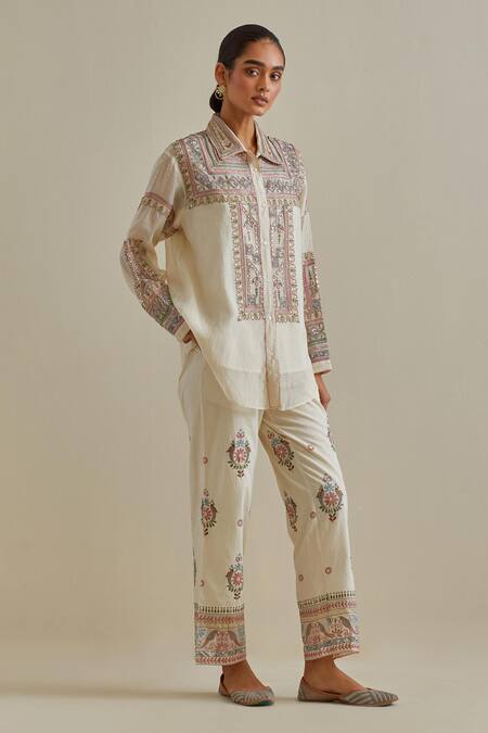 Shop Kora Pink Cotton, Chanderi Sequins, Embroidery, Mirrors Patchwork Shirt And Pant Set Online at Aza Fashions Shop_Kora_Pink Cotton, Chanderi Sequins, Embroidery, Mirrors Patchwork Shirt And Pant Set _Online_at_Aza_Fashions