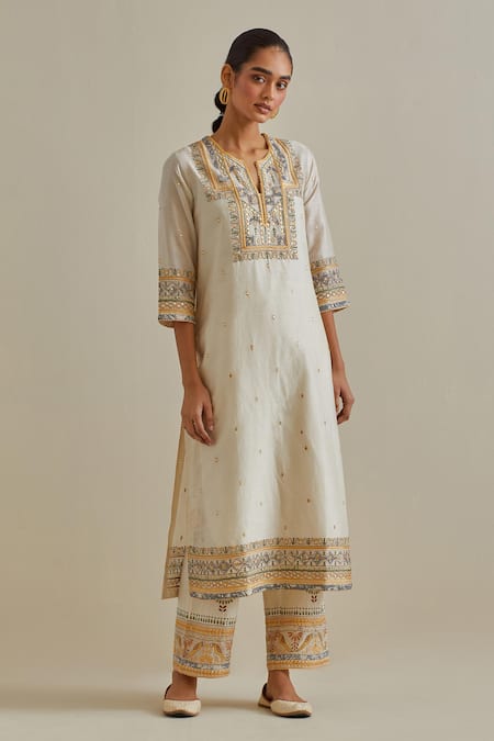 Buy Kora Yellow Cotton, Chanderi Embroidery, Sequins, Tassels, Mirrors Split Kurta Set Online at Aza Fashions Buy_Kora_Yellow Cotton, Chanderi Embroidery, Sequins, Tassels, Mirrors Split Kurta Set _Online_at_Aza_Fashions