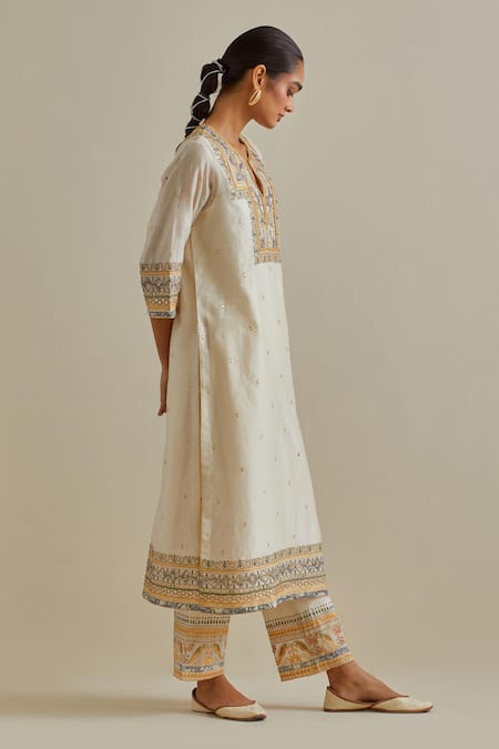 Shop Kora Yellow Cotton, Chanderi Embroidery, Sequins, Tassels, Mirrors Split Kurta Set Online at Aza Fashions Shop_Kora_Yellow Cotton, Chanderi Embroidery, Sequins, Tassels, Mirrors Split Kurta Set _Online_at_Aza_Fashions