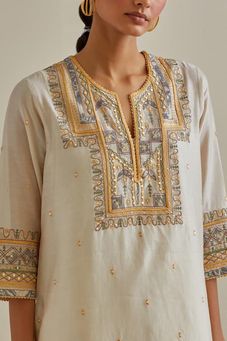 Kora Yellow Cotton, Chanderi Embroidery, Sequins, Tassels, Mirrors Split Kurta Set at Aza Fashions Kora_Yellow Cotton, Chanderi Embroidery, Sequins, Tassels, Mirrors Split Kurta Set _at_Aza_Fashions