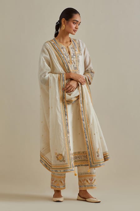 Buy Kora Yellow Cotton, Chanderi Embroidery, Sequins, Tassels, Mirrors Split Kurta Set Buy_Kora_Yellow Cotton, Chanderi Embroidery, Sequins, Tassels, Mirrors Split Kurta Set