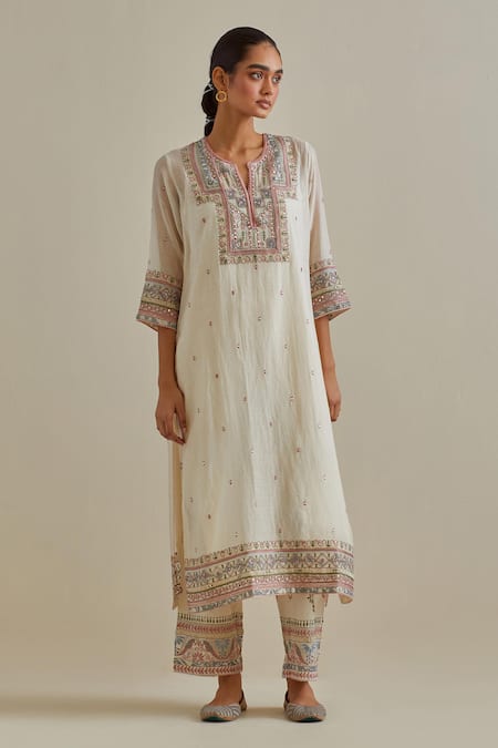 Shop Kora Pink Cotton, Chanderi Mirrors, Sequins, Tassels Split Work Straight Kurta Set Online at Aza Fashions Shop_Kora_Pink Cotton, Chanderi Mirrors, Sequins, Tassels Split Work Straight Kurta Set _Online_at_Aza_Fashions