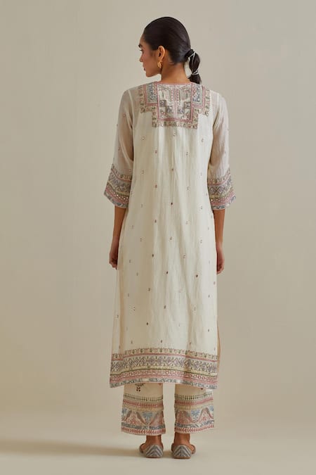 Shop Kora Pink Cotton, Chanderi Mirrors, Sequins, Tassels Split Work Straight Kurta Set at Aza Fashions Shop_Kora_Pink Cotton, Chanderi Mirrors, Sequins, Tassels Split Work Straight Kurta Set _at_Aza_Fashions