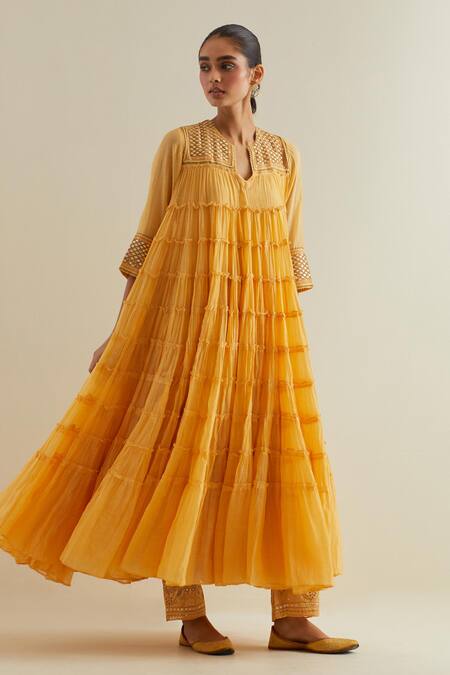 Kora Yellow Cotton, Chanderi Sequins, Yoke Embroidered Multi-tiered Anarkali Set Online at Aza Fashions Kora_Yellow Cotton, Chanderi Sequins, Yoke Embroidered Multi-tiered Anarkali Set _Online_at_Aza_Fashions