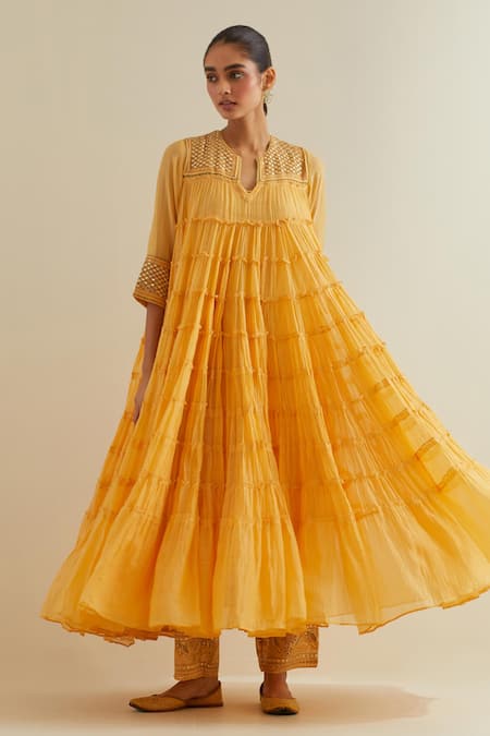 Buy Kora Yellow Cotton, Chanderi Sequins, Yoke Embroidered Multi-tiered Anarkali Set Online at Aza Fashions Buy_Kora_Yellow Cotton, Chanderi Sequins, Yoke Embroidered Multi-tiered Anarkali Set _Online_at_Aza_Fashions