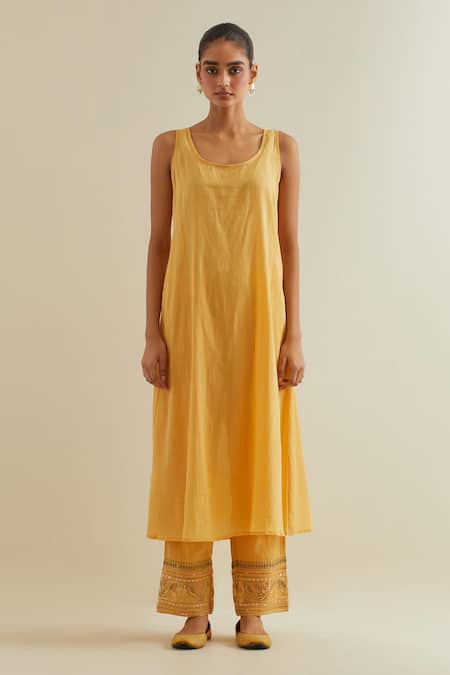 Kora Yellow Cotton, Chanderi Sequins, Yoke Embroidered Multi-tiered Anarkali Set at Aza Fashions Kora_Yellow Cotton, Chanderi Sequins, Yoke Embroidered Multi-tiered Anarkali Set _at_Aza_Fashions