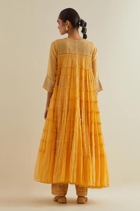 Shop Kora Yellow Cotton, Chanderi Sequins, Yoke Embroidered Multi-tiered Anarkali Set at Aza Fashions Shop_Kora_Yellow Cotton, Chanderi Sequins, Yoke Embroidered Multi-tiered Anarkali Set _at_Aza_Fashions