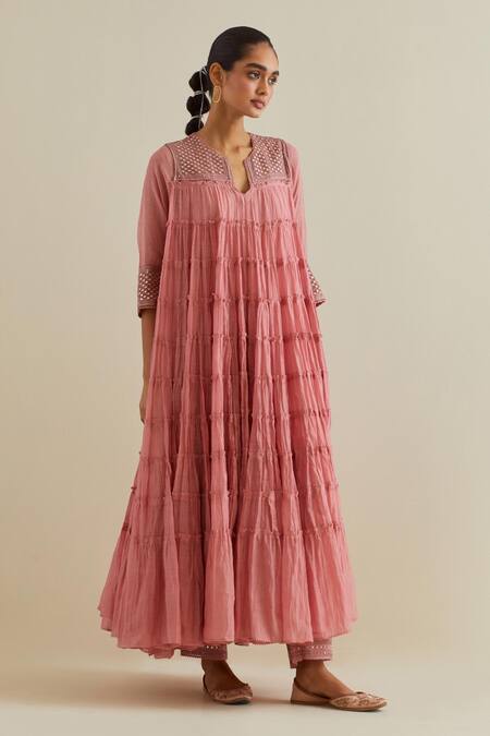 Kora Pink Cotton, Chanderi Mirrors, Sequins, Embroidery Mandarin Yoke Anarkali Set Online at Aza Fashions Kora_Pink Cotton, Chanderi Mirrors, Sequins, Embroidery Mandarin Yoke Anarkali Set _Online_at_Aza_Fashions