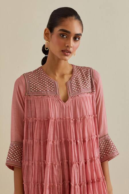 Buy Kora Pink Cotton, Chanderi Mirrors, Sequins, Embroidery Mandarin Yoke Anarkali Set Online at Aza Fashions Buy_Kora_Pink Cotton, Chanderi Mirrors, Sequins, Embroidery Mandarin Yoke Anarkali Set _Online_at_Aza_Fashions