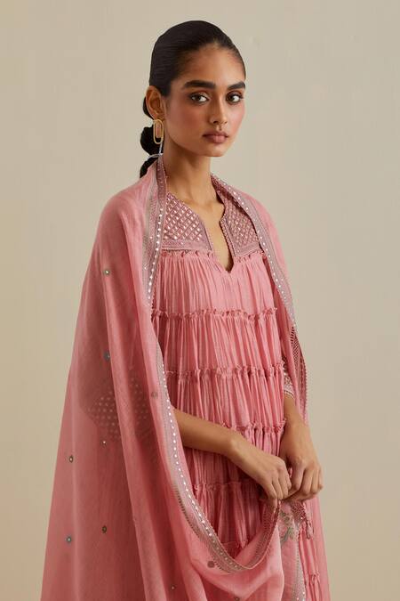 Shop Kora Pink Cotton, Chanderi Mirrors, Sequins, Embroidery Mandarin Yoke Anarkali Set Online at Aza Fashions Shop_Kora_Pink Cotton, Chanderi Mirrors, Sequins, Embroidery Mandarin Yoke Anarkali Set _Online_at_Aza_Fashions