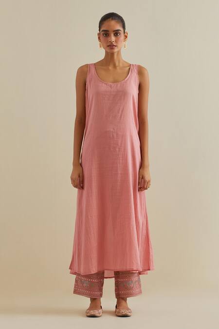 Kora Pink Cotton, Chanderi Mirrors, Sequins, Embroidery Mandarin Yoke Anarkali Set at Aza Fashions Kora_Pink Cotton, Chanderi Mirrors, Sequins, Embroidery Mandarin Yoke Anarkali Set _at_Aza_Fashions