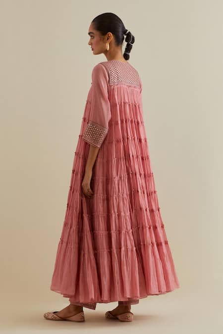 Shop Kora Pink Cotton, Chanderi Mirrors, Sequins, Embroidery Mandarin Yoke Anarkali Set at Aza Fashions Shop_Kora_Pink Cotton, Chanderi Mirrors, Sequins, Embroidery Mandarin Yoke Anarkali Set _at_Aza_Fashions