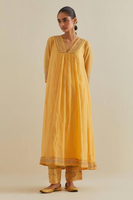Kora Yellow Cotton, Chanderi Mirrors, Sequins, Embroidery V-neck Long Kurta Set Online at Aza Fashions Kora_Yellow Cotton, Chanderi Mirrors, Sequins, Embroidery V-neck Long Kurta Set _Online_at_Aza_Fashions