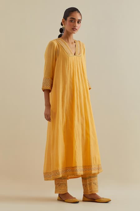 Buy Kora Yellow Cotton, Chanderi Mirrors, Sequins, Embroidery V-neck Long Kurta Set Online at Aza Fashions Buy_Kora_Yellow Cotton, Chanderi Mirrors, Sequins, Embroidery V-neck Long Kurta Set _Online_at_Aza_Fashions