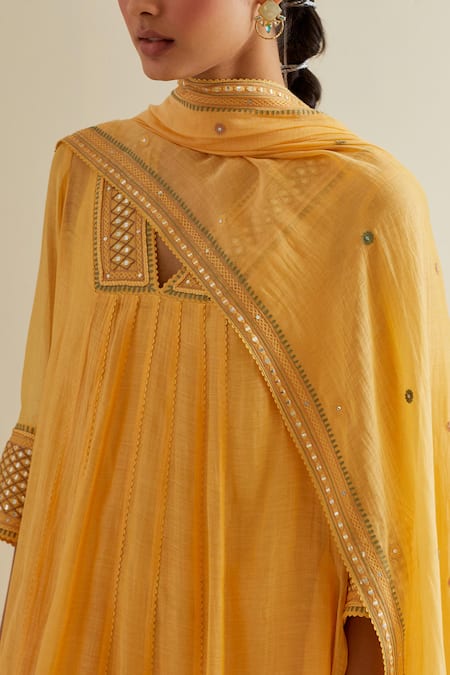 Shop Kora Yellow Cotton, Chanderi Mirrors, Sequins, Embroidery V-neck Long Kurta Set Online at Aza Fashions Shop_Kora_Yellow Cotton, Chanderi Mirrors, Sequins, Embroidery V-neck Long Kurta Set _Online_at_Aza_Fashions