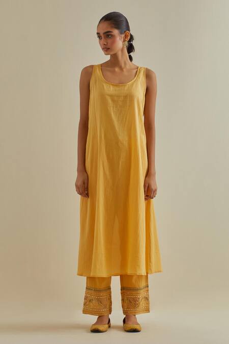 Kora Yellow Cotton, Chanderi Mirrors, Sequins, Embroidery V-neck Long Kurta Set at Aza Fashions Kora_Yellow Cotton, Chanderi Mirrors, Sequins, Embroidery V-neck Long Kurta Set _at_Aza_Fashions