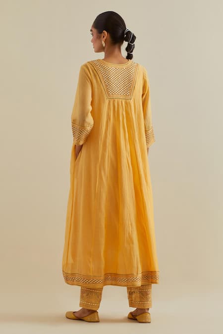 Shop Kora Yellow Cotton, Chanderi Mirrors, Sequins, Embroidery V-neck Long Kurta Set at Aza Fashions Shop_Kora_Yellow Cotton, Chanderi Mirrors, Sequins, Embroidery V-neck Long Kurta Set _at_Aza_Fashions