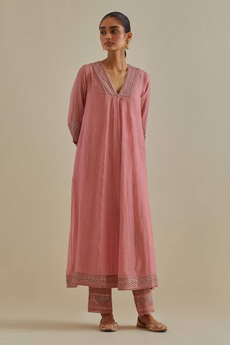 Buy Kora Pink Cotton, Chanderi Mirrors, Sequins, Embroidery V-neck Kurta Set Online at Aza Fashions Buy_Kora_Pink Cotton, Chanderi Mirrors, Sequins, Embroidery V-neck Kurta Set _Online_at_Aza_Fashions
