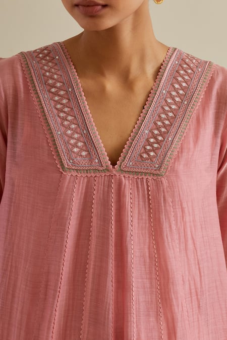 Kora Pink Cotton, Chanderi Mirrors, Sequins, Embroidery V-neck Kurta Set at Aza Fashions Kora_Pink Cotton, Chanderi Mirrors, Sequins, Embroidery V-neck Kurta Set _at_Aza_Fashions