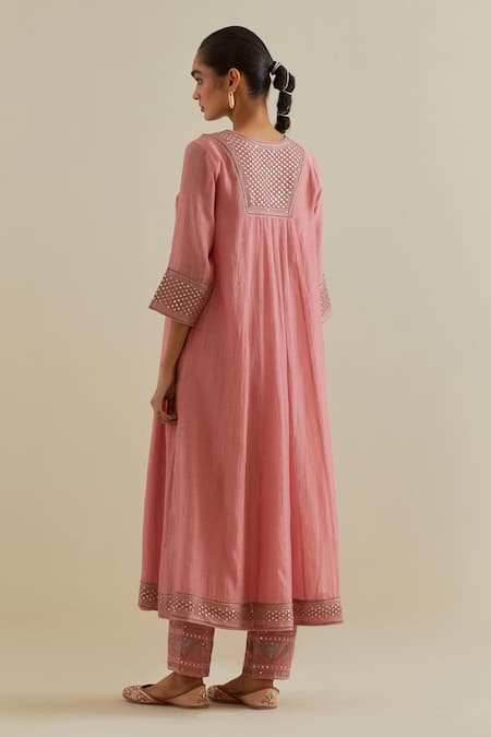 Shop Kora Pink Cotton, Chanderi Mirrors, Sequins, Embroidery V-neck Kurta Set at Aza Fashions Shop_Kora_Pink Cotton, Chanderi Mirrors, Sequins, Embroidery V-neck Kurta Set _at_Aza_Fashions