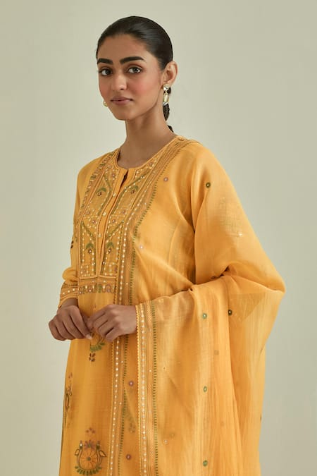 Shop Kora Yellow Cotton, Chanderi Mirrors, Sequins, Tassels Embroidered Straight Kurta Set Online at Aza Fashions Shop_Kora_Yellow Cotton, Chanderi Mirrors, Sequins, Tassels Embroidered Straight Kurta Set _Online_at_Aza_Fashions