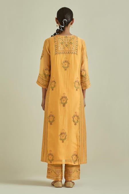 Shop Kora Yellow Cotton, Chanderi Mirrors, Sequins, Tassels Embroidered Straight Kurta Set at Aza Fashions Shop_Kora_Yellow Cotton, Chanderi Mirrors, Sequins, Tassels Embroidered Straight Kurta Set _at_Aza_Fashions