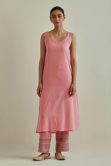 Kora Pink Cotton, Chanderi Tassels, Sequins, Embroidery, Mirrors Split Kurta Set Online at Aza Fashions Kora_Pink Cotton, Chanderi Tassels, Sequins, Embroidery, Mirrors Split Kurta Set _Online_at_Aza_Fashions