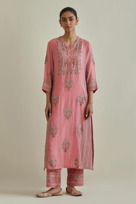 Buy Kora Pink Cotton, Chanderi Tassels, Sequins, Embroidery, Mirrors Split Kurta Set Online at Aza Fashions Buy_Kora_Pink Cotton, Chanderi Tassels, Sequins, Embroidery, Mirrors Split Kurta Set _Online_at_Aza_Fashions