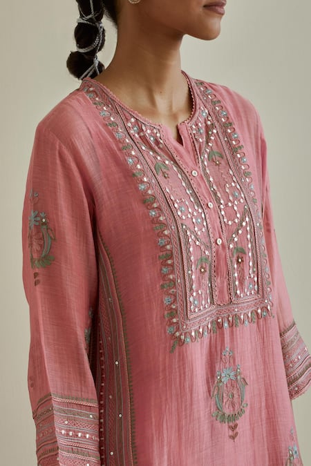 Shop Kora Pink Cotton, Chanderi Tassels, Sequins, Embroidery, Mirrors Split Kurta Set Online at Aza Fashions Shop_Kora_Pink Cotton, Chanderi Tassels, Sequins, Embroidery, Mirrors Split Kurta Set _Online_at_Aza_Fashions