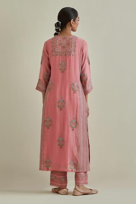 Shop Kora Pink Cotton, Chanderi Tassels, Sequins, Embroidery, Mirrors Split Kurta Set at Aza Fashions Shop_Kora_Pink Cotton, Chanderi Tassels, Sequins, Embroidery, Mirrors Split Kurta Set _at_Aza_Fashions