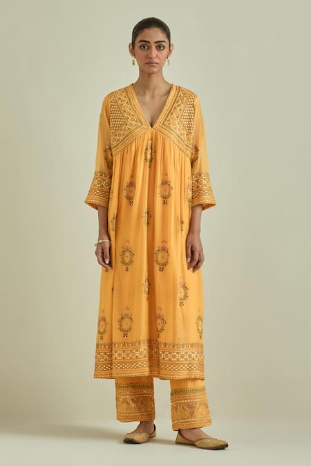 Kora_Yellow Cotton, Chanderi Tassels, Sequins, Patchwork Gathered Kurta Set _Online_at_Aza_Fashions