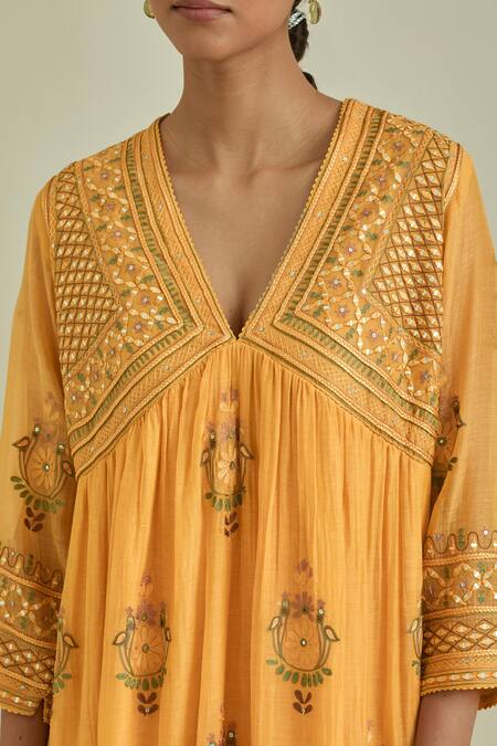 Buy_Kora_Yellow Cotton, Chanderi Tassels, Sequins, Patchwork Gathered Kurta Set _Online_at_Aza_Fashions