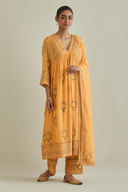 Shop_Kora_Yellow Cotton, Chanderi Tassels, Sequins, Patchwork Gathered Kurta Set _Online_at_Aza_Fashions
