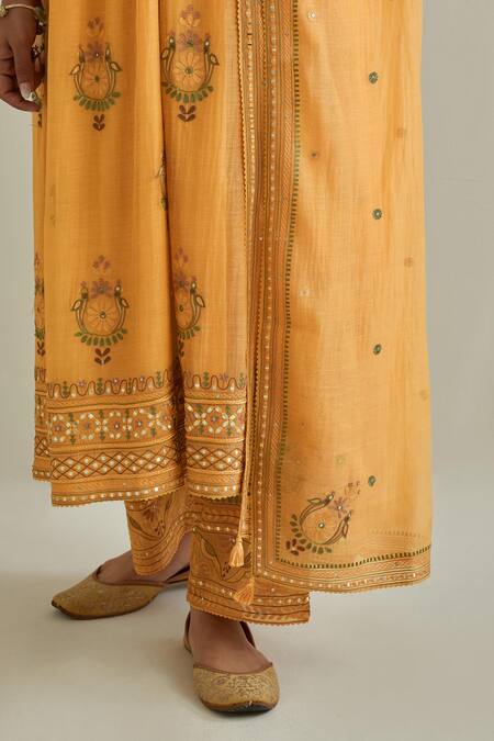 Kora_Yellow Cotton, Chanderi Tassels, Sequins, Patchwork Gathered Kurta Set _at_Aza_Fashions