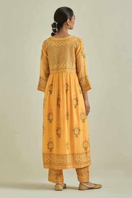 Shop_Kora_Yellow Cotton, Chanderi Tassels, Sequins, Patchwork Gathered Kurta Set _at_Aza_Fashions