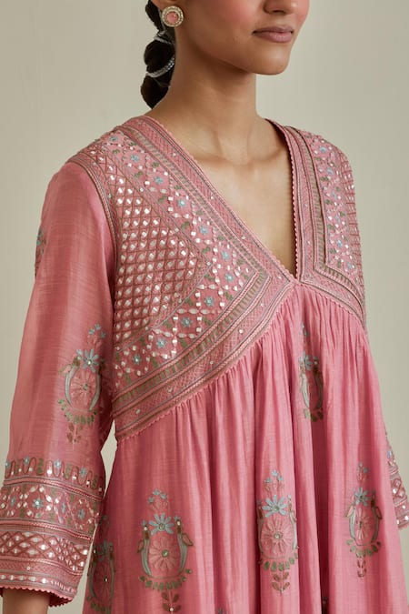 KORA Pink Kurta And Dupatta Cotton Chanderi Patchwork Gathered Set   4