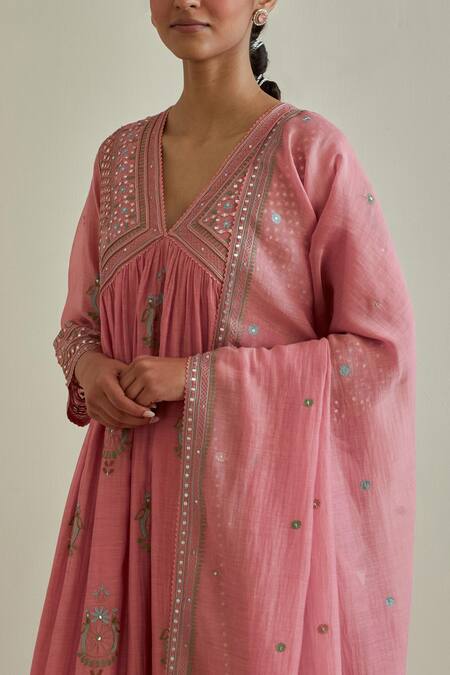 KORA Pink Kurta And Dupatta Cotton Chanderi Patchwork Gathered Set   5